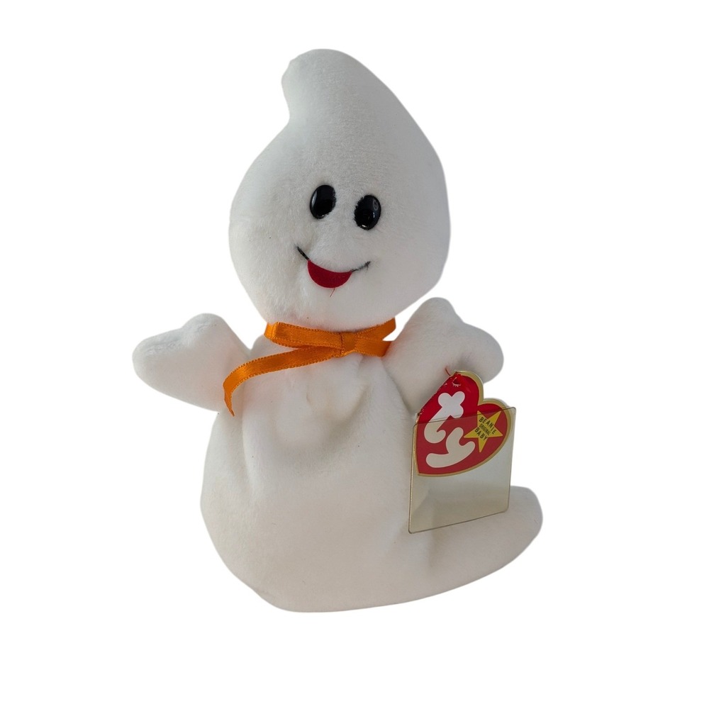 Ty Beanie Baby Spooky the Ghost Halloween Plush White Orange Ribbon 1995 - Picture 1 of 3
